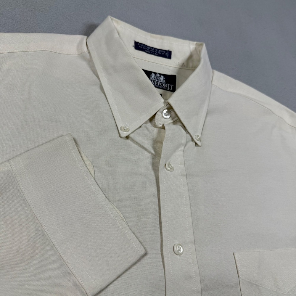 Stafford Mens Vintage Oxford Dress Shirt Cream Long Sleeve Button Down 17.5 35